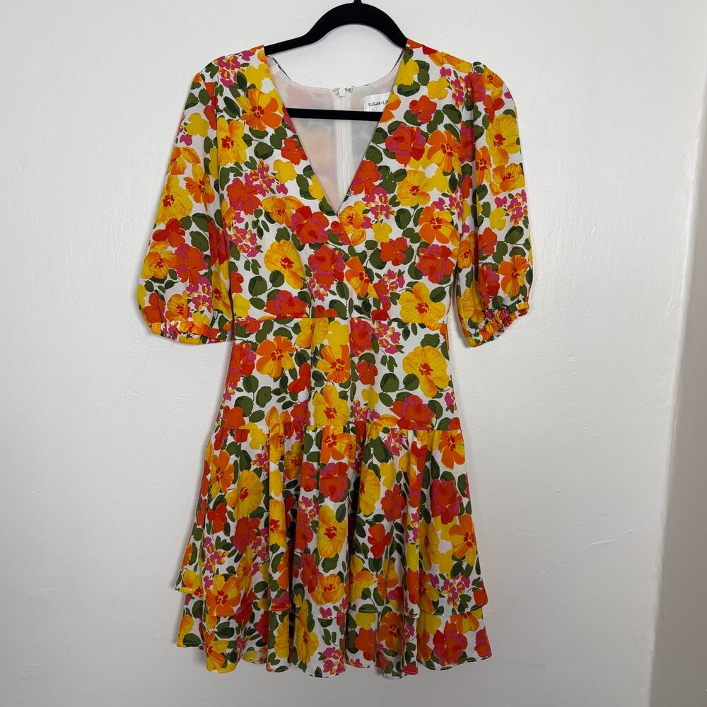 Sugar Lips Floral Tiered Mini Dress Size Small Puff Sleeve V-Neck
